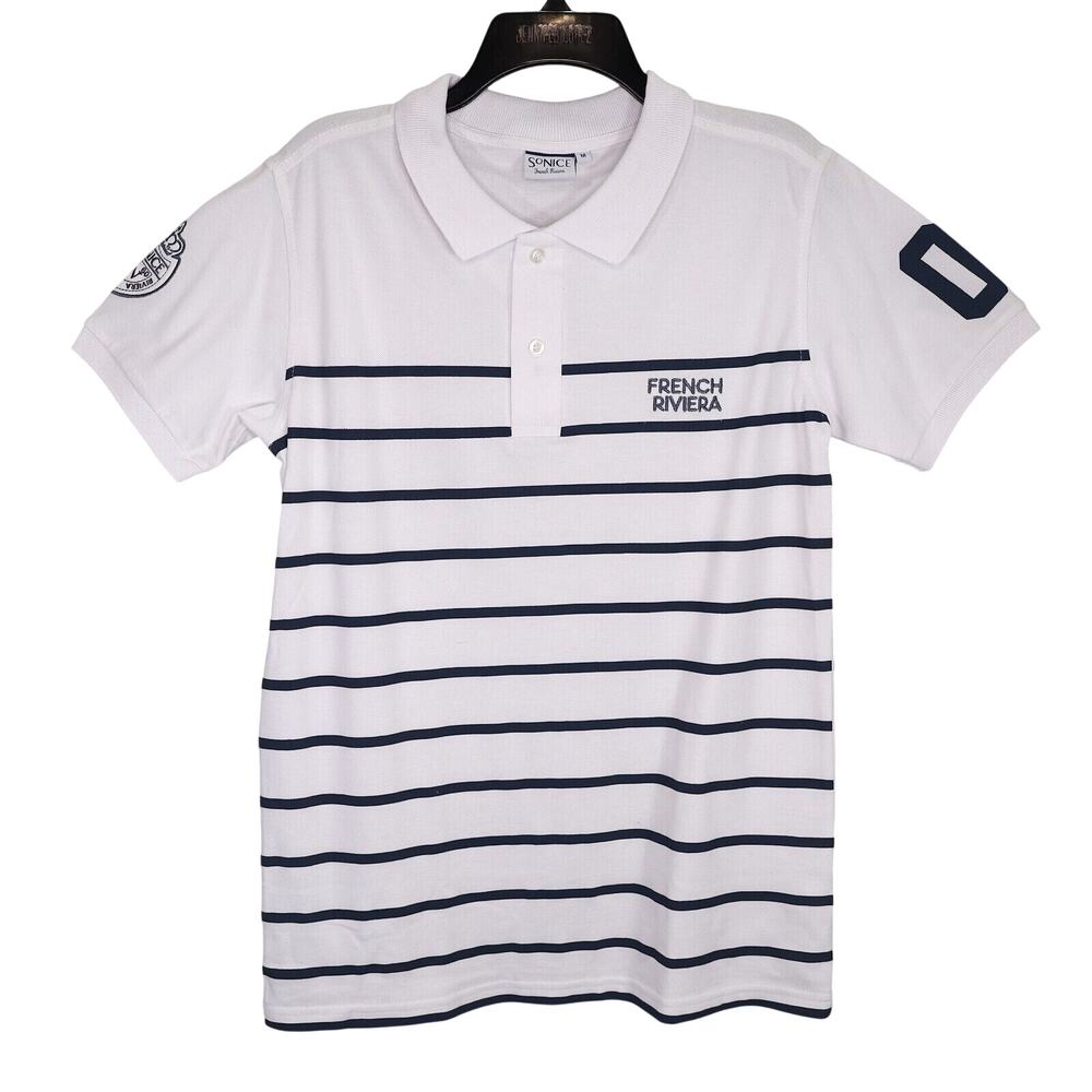 So Nice Top Womens Medium Polo Shirt White Navy Blue Stripe French Riviera